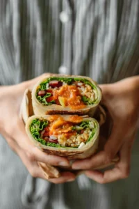 Hands holding a healthy wrap with fresh vegetables — balanced nutrition for everyday wellness
