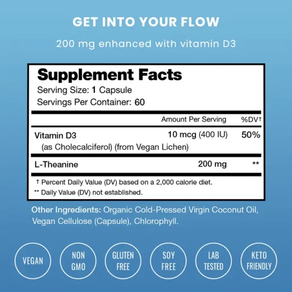 L-Theanine Supports Mood, Focus, Stress Relief, 60 Caps - Image 3
