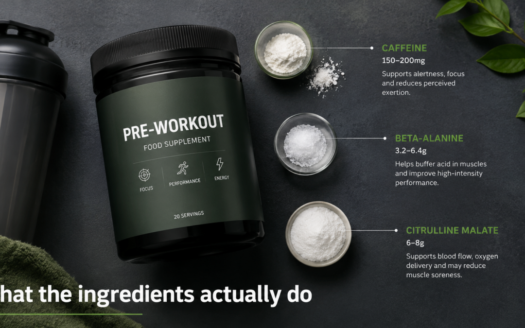 Pre-workout supplement tub with ingredient powder measurements showing caffeine, beta-alanine and citrulline malate doses